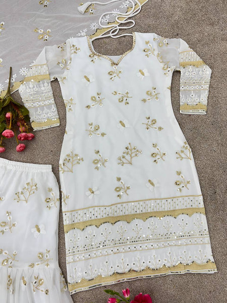 Beautiful White color Designer Party Wear Look Sharara Suit With Embroidery Work