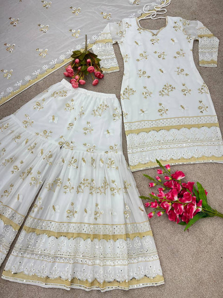 Beautiful White color Designer Party Wear Look Sharara Suit With Embroidery Work