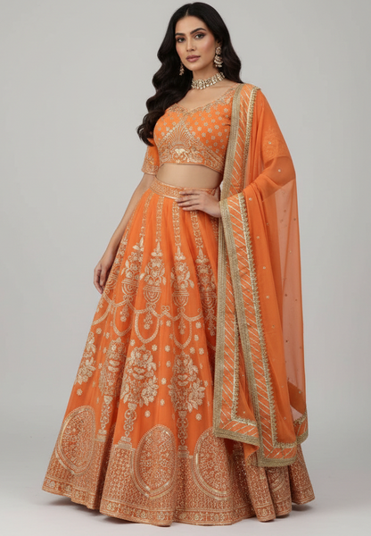 Exquisite Orange Faux Georgette Embroidered Lehenga Choli Set