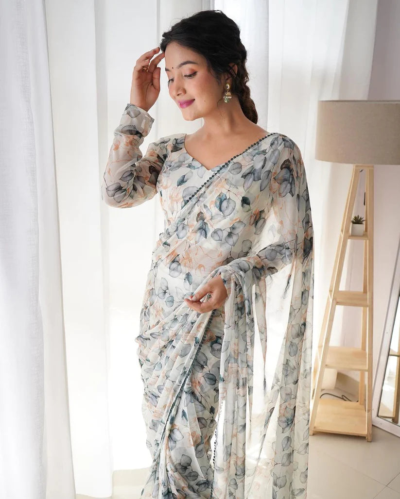 Latest Tebi Silk Organza with Beautiful Digital printed Saree with Border Lace Fitting Full Stitch Ready to wear Saree