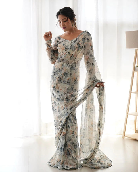 Latest Tebi Silk Organza with Beautiful Digital printed Saree with Border Lace Fitting Full Stitch Ready to wear Saree
