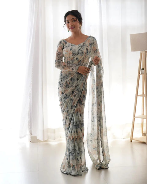 Latest Tebi Silk Organza with Beautiful Digital printed Saree with Border Lace Fitting Full Stitch Ready to wear Saree