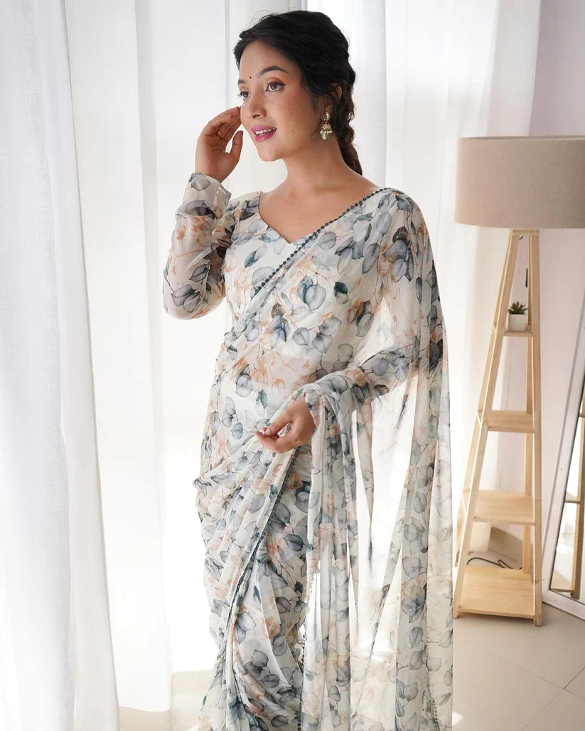 Latest Tebi Silk Organza with Beautiful Digital printed Saree with Border Lace Fitting Full Stitch Ready to wear Saree