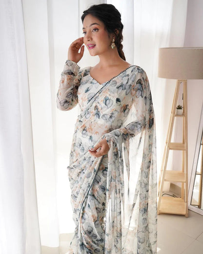 Latest Tebi Silk Organza with Beautiful Digital printed Saree with Border Lace Fitting Full Stitch Ready to wear Saree