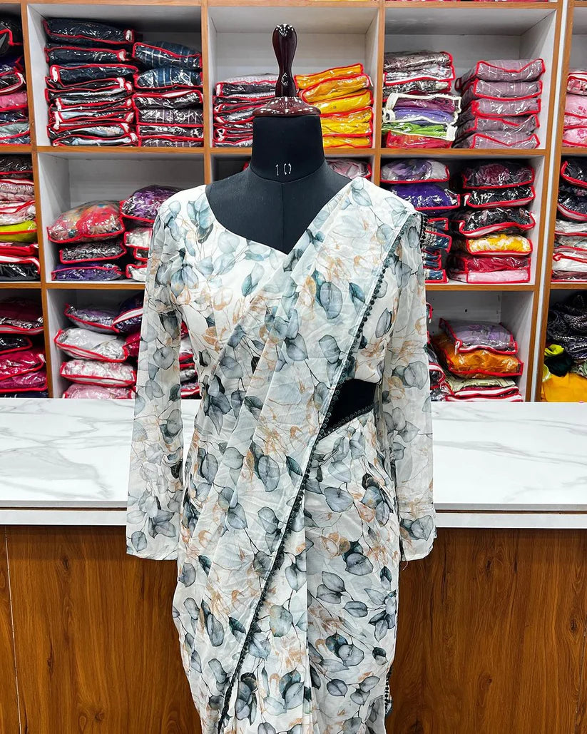 Latest Tebi Silk Organza with Beautiful Digital printed Saree with Border Lace Fitting Full Stitch Ready to wear Saree