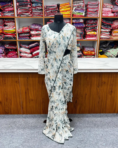 Latest Tebi Silk Organza with Beautiful Digital printed Saree with Border Lace Fitting Full Stitch Ready to wear Saree