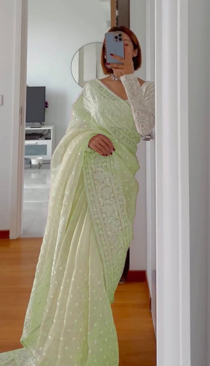 Attractive Organza Silk With Fancy Embroidery Work Saree