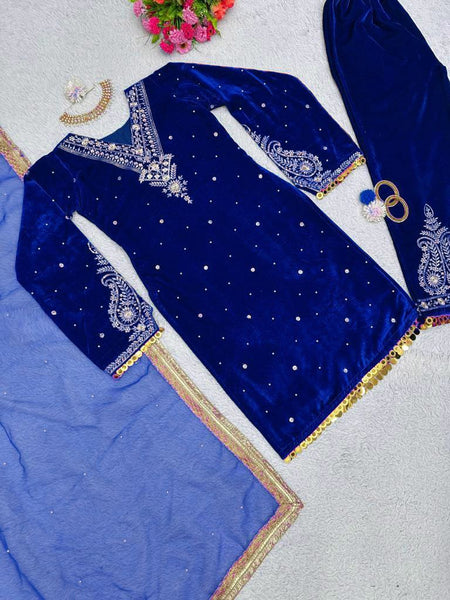 Designer Velvet Salwar Suit With Rivet Moti Work And Sequence Work