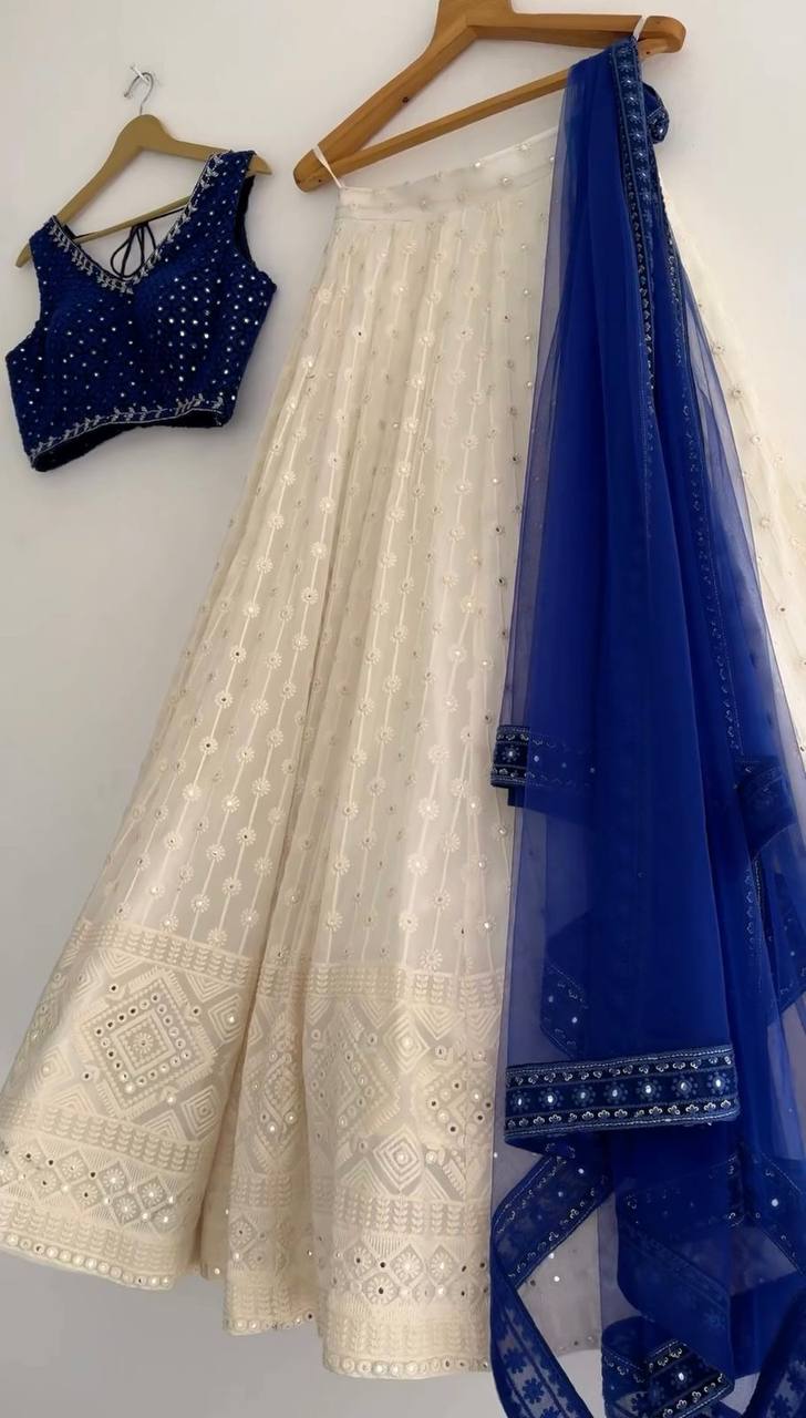 Designer Blue Color Georgette Sequence Work Wedding Wear Lehenga Choli