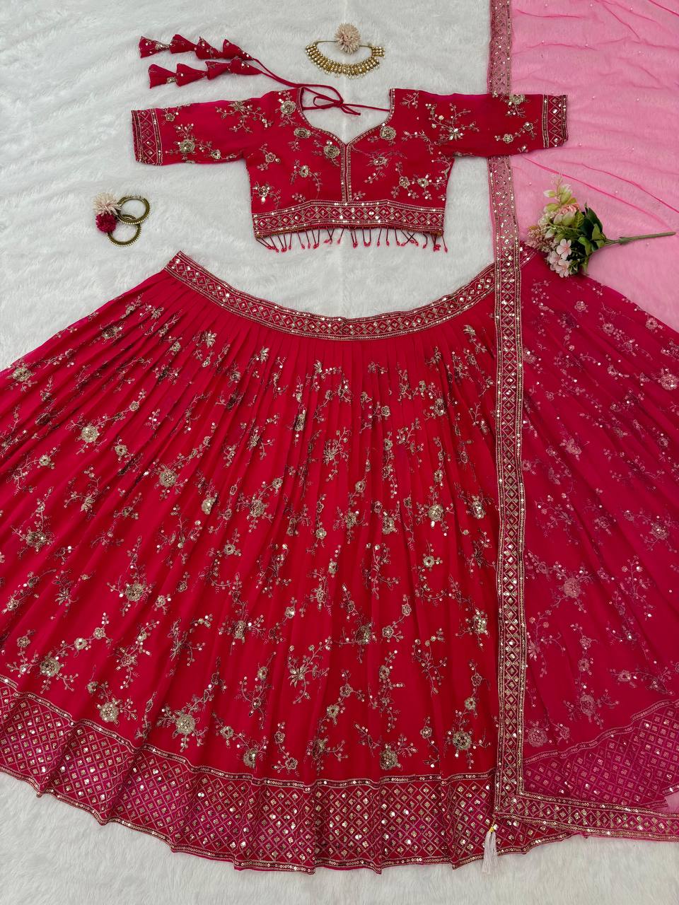 Red Color Georgette Sequence Thread Work Lehenga Choli