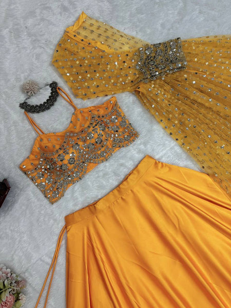 Yellow Color Japan Satin Sequence Thread Work Koti Lehenga Choli