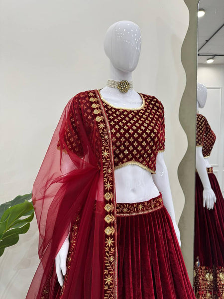 Latest Maroon Wedding Velvet Lehenga For Women