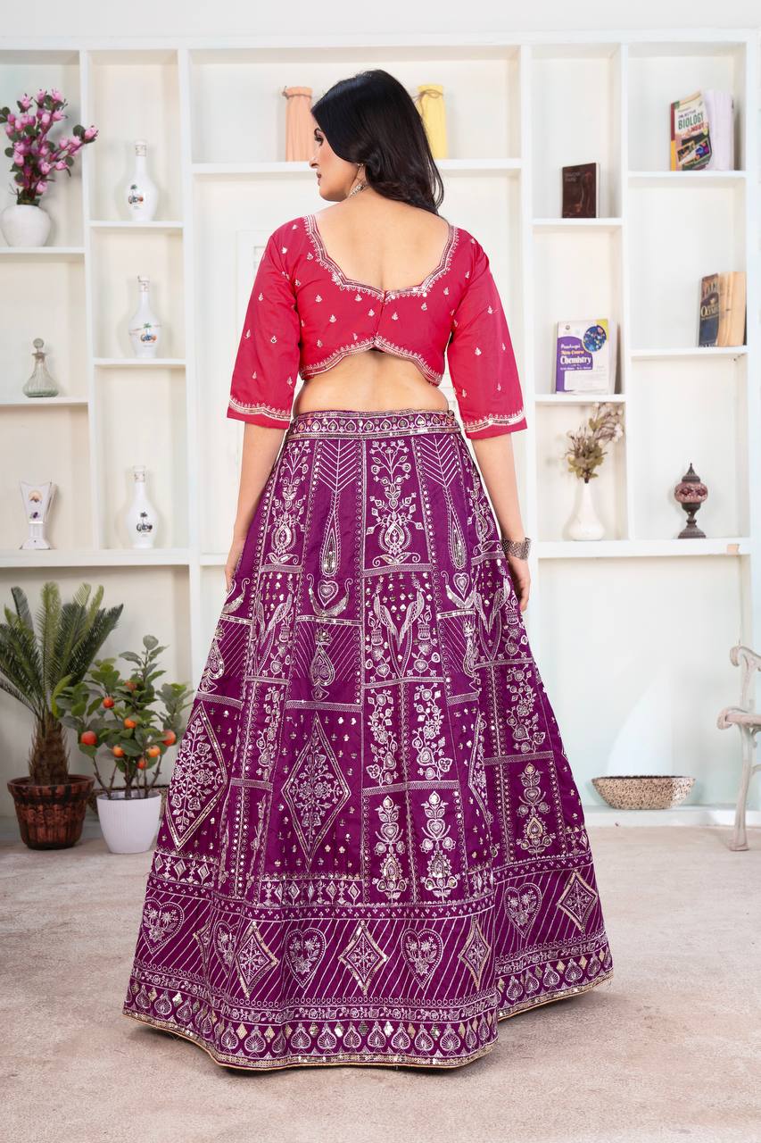 Wine Color Jalpari Silk Embroidered Lehenga Choli
