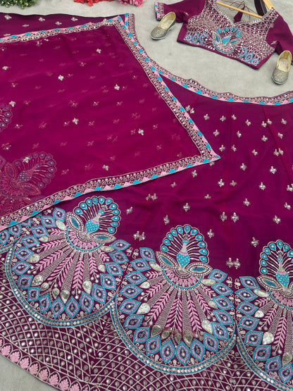 Wedding Wear Wine Georgette Sequence Lehenga Choli