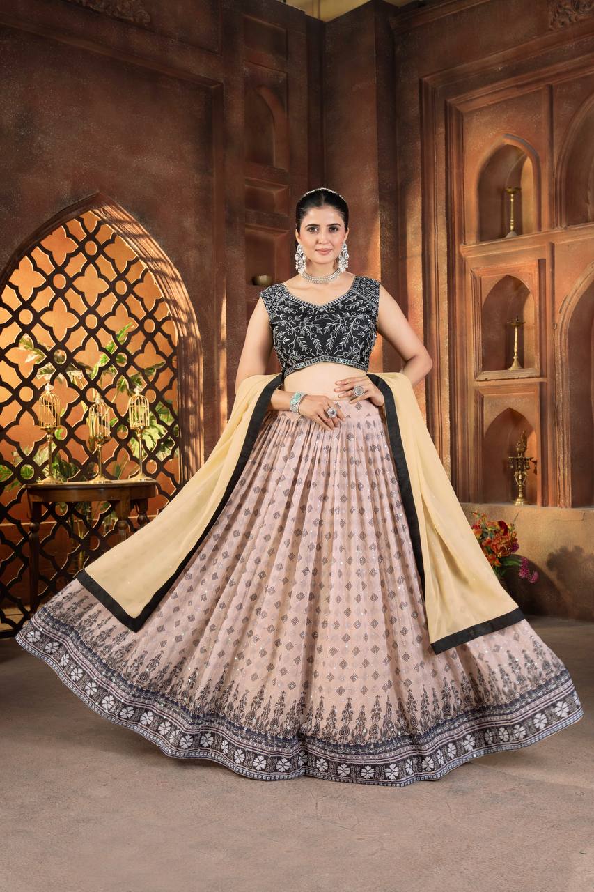 Cream Color Georgette Sequence 4 Meter Flair Lehenga Choli