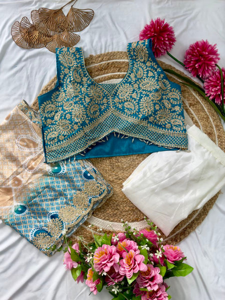 Ready to Wear Chinon Silk Multi Thread Work Indo Western Drape Saree