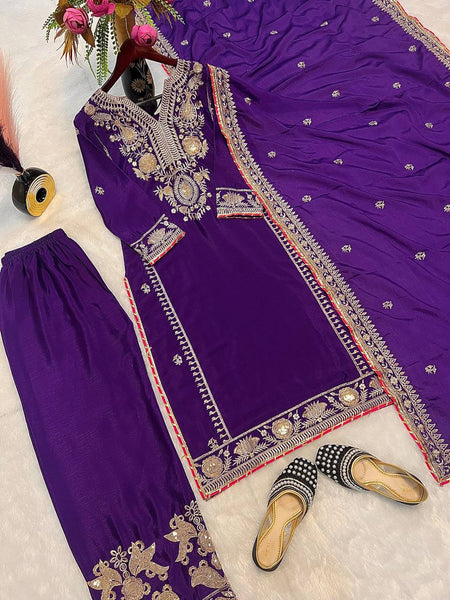 Purple Color Chinon Silk Sequence Work Sharara Suit
