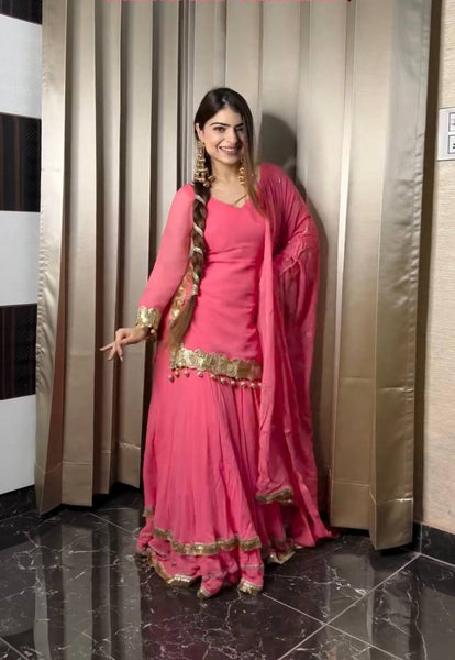 Peach Color Chinon Silk Sequence Work Sharara Suit
