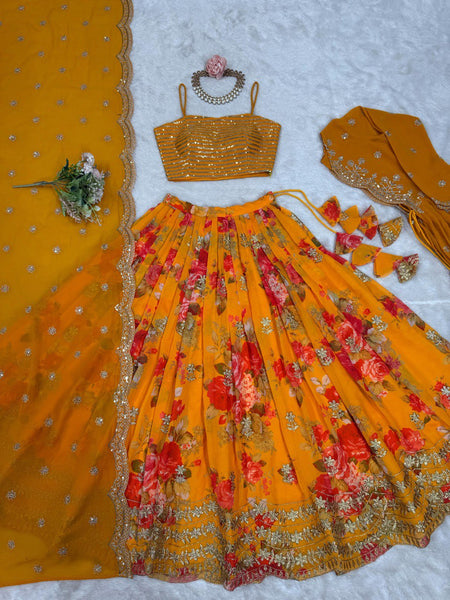 Orange Color Georgette Sequence Koti Lehenga Choli