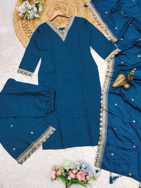 Trendy Rama Satin Embroidery Salwar Suit
