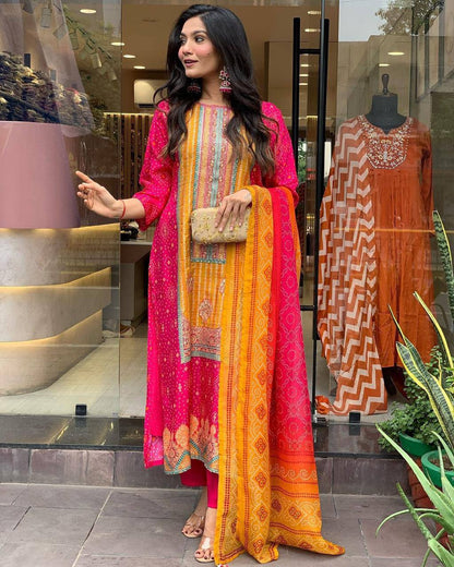Pink Color Satin Stone Work Bandhani Printed Salwar Suit
