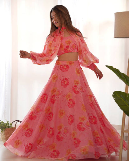 Pink Color Full Stitched Printed Organza Lehenga Choli
