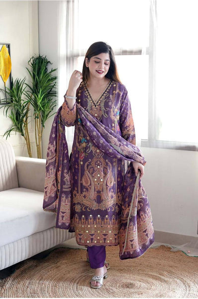 Purple Color Satin Printed Mirror Salwar Suit