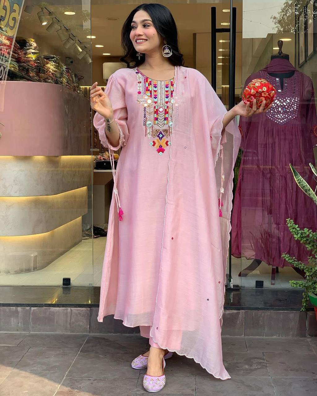 Chanderi Mirror Embroidered Salwar Suit