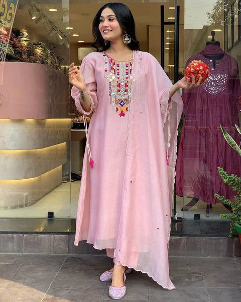 Chanderi Mirror Embroidered Salwar Suit