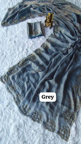 Party Wear Space Silk Cut Work Saree Blouse