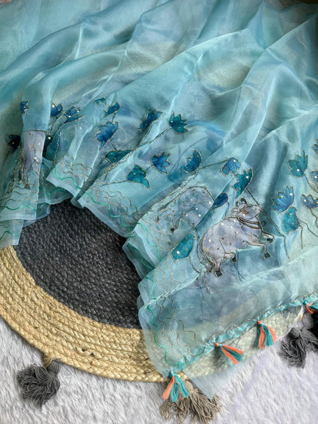 Organza Khatli Work Printed Saree Blouse