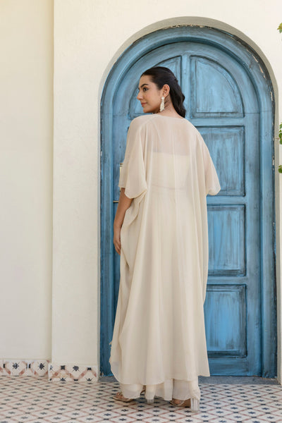 Off White Color Georgette Gotta Patti Plazo Top Shrug