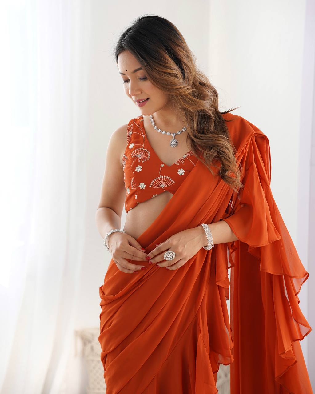 Rust Color Georgette Sequence Ready to wear Plazo Saree