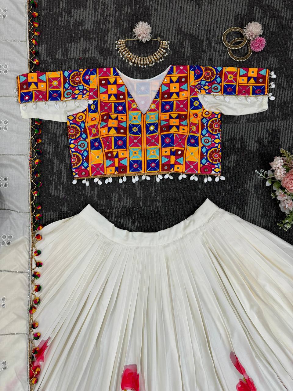 Off White Color Rayon Real Mirror Lehenga Choli