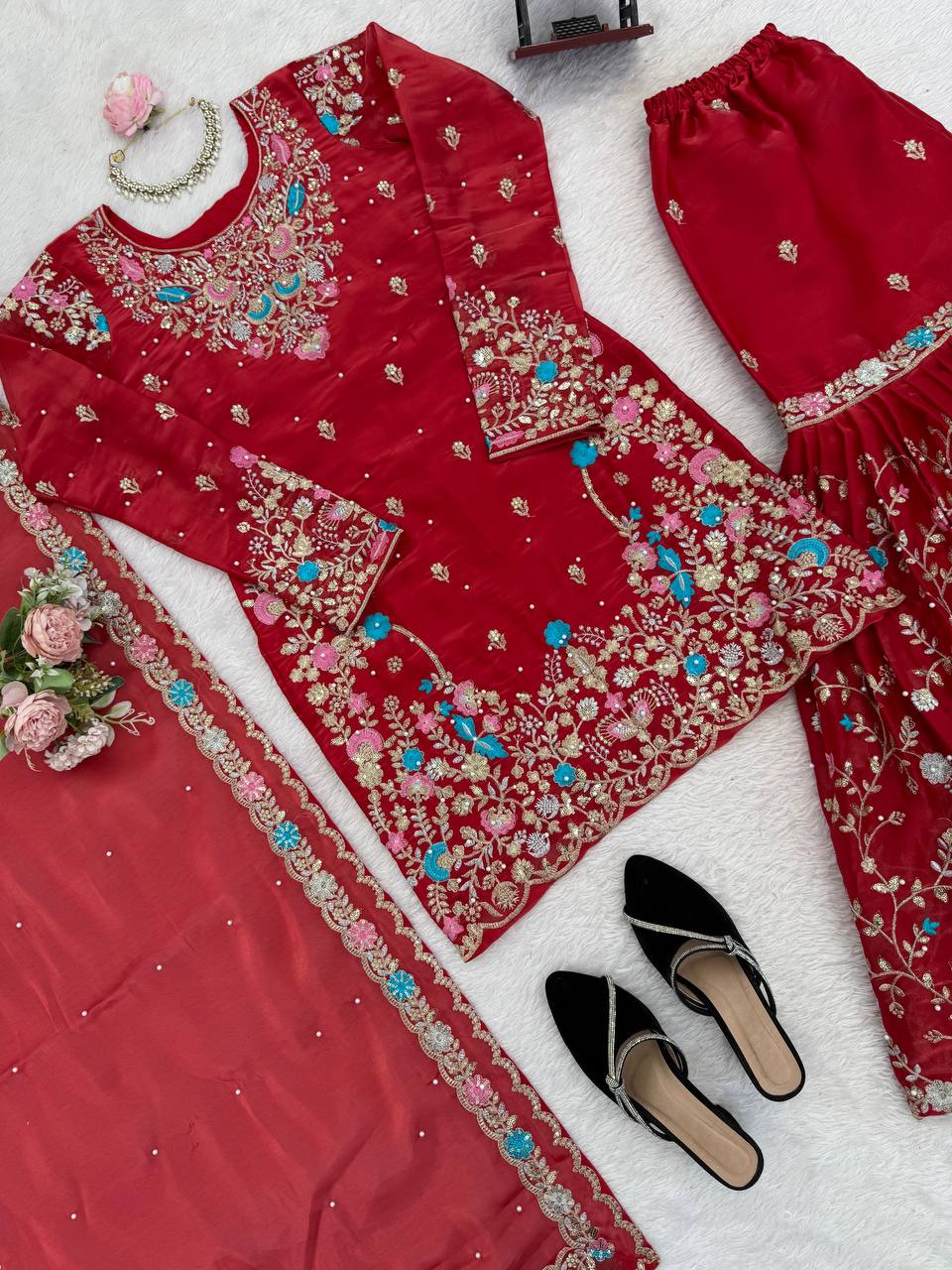 Premium JMC Silk Sharara Set with Sequence & Rivet Moti Work