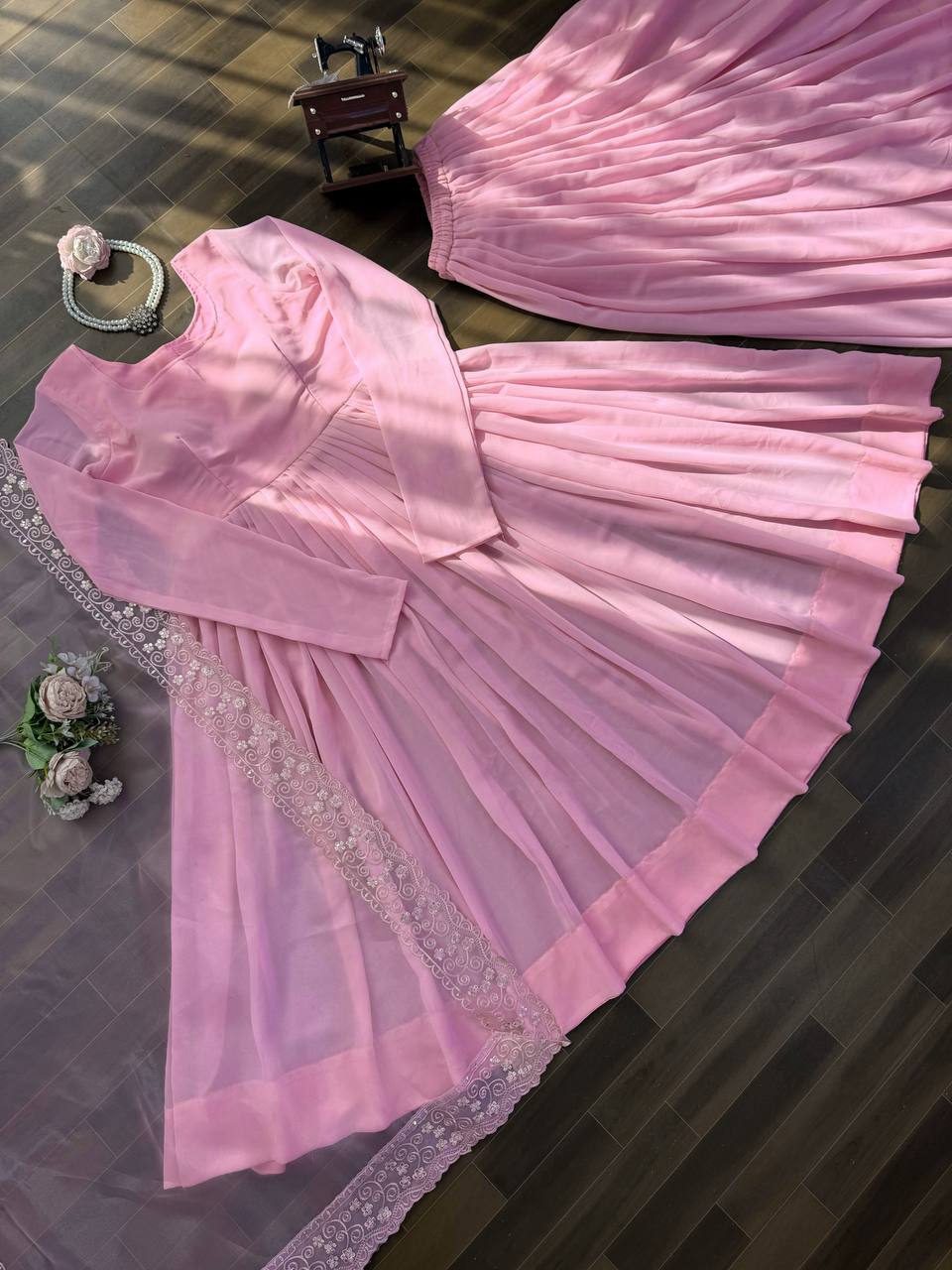Exquisite Faux Georgette Top &amp; Palazzo Set with Organza Silk Dupatta