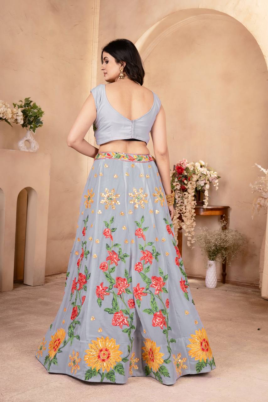 Exquisite Faux Georgette Lehenga Choli with Sequin Thread Embroidery
