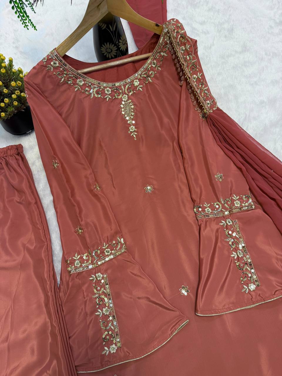 Heavy Natural Crepe Silk Embroidered Sharara Suit Set