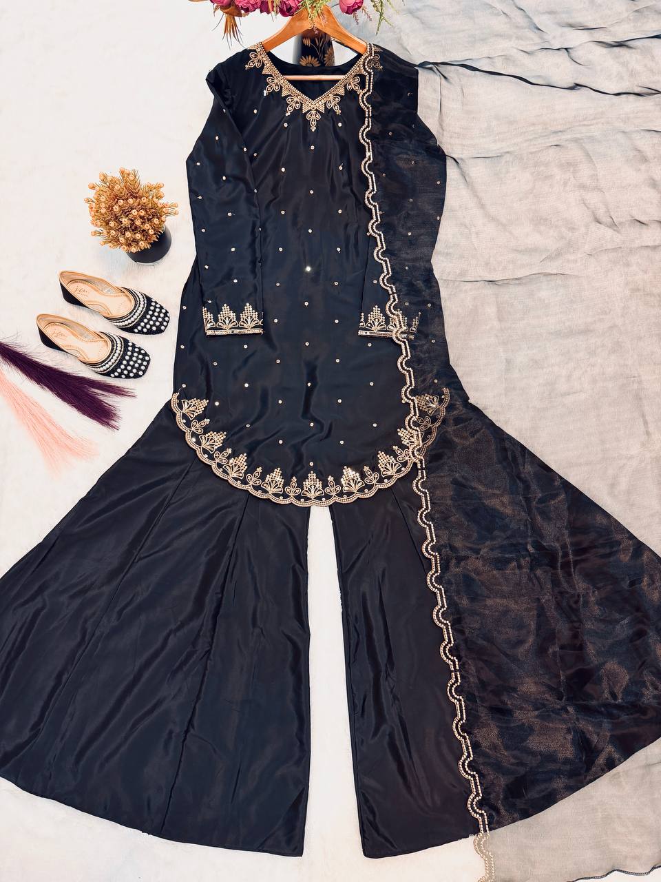 Premium Natural Crepe Silk Sharara Suit Set