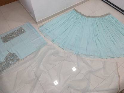 Turquoise Georgette Crush Work Lehenga Set