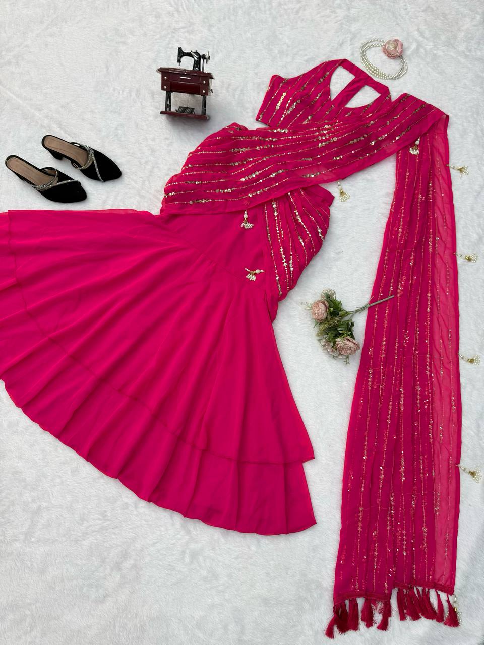 Fish Cut Lehenga Saree – Premium Faux Georgette Designer Party Wear Lehenga Saree