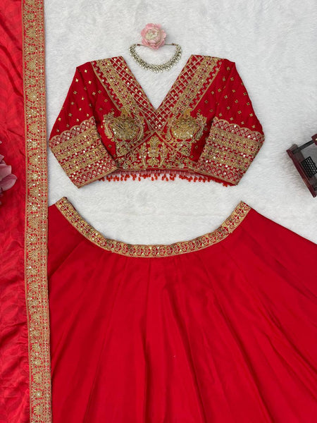 Opulent Red Chinon Silk Lehenga Set with Heavy Coding & Sequins Work