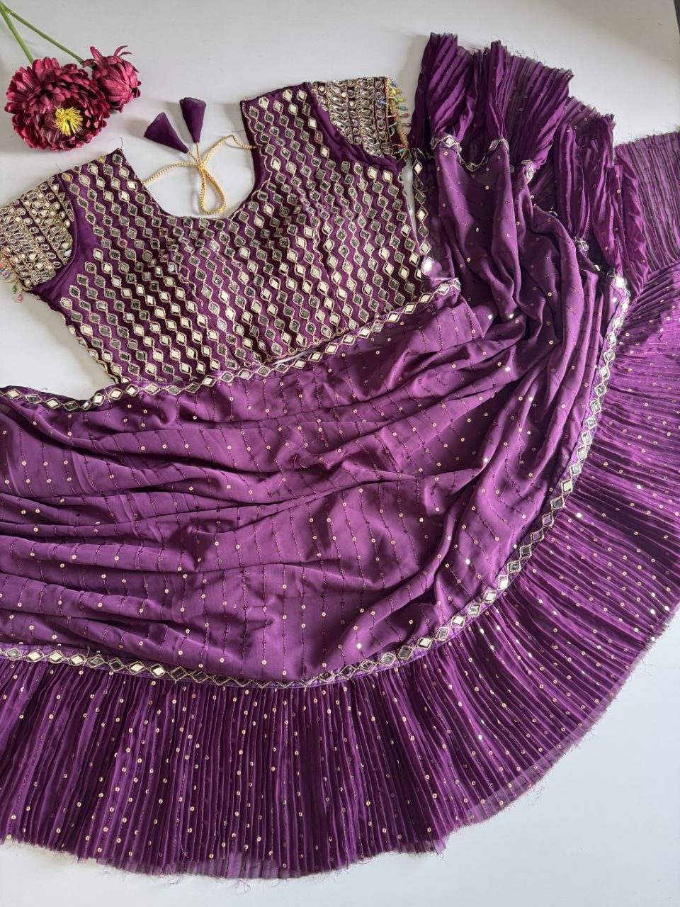 Sequins Faux Georgette Saree with Crush Pleats & Stitched Real Mirror Work Blouse