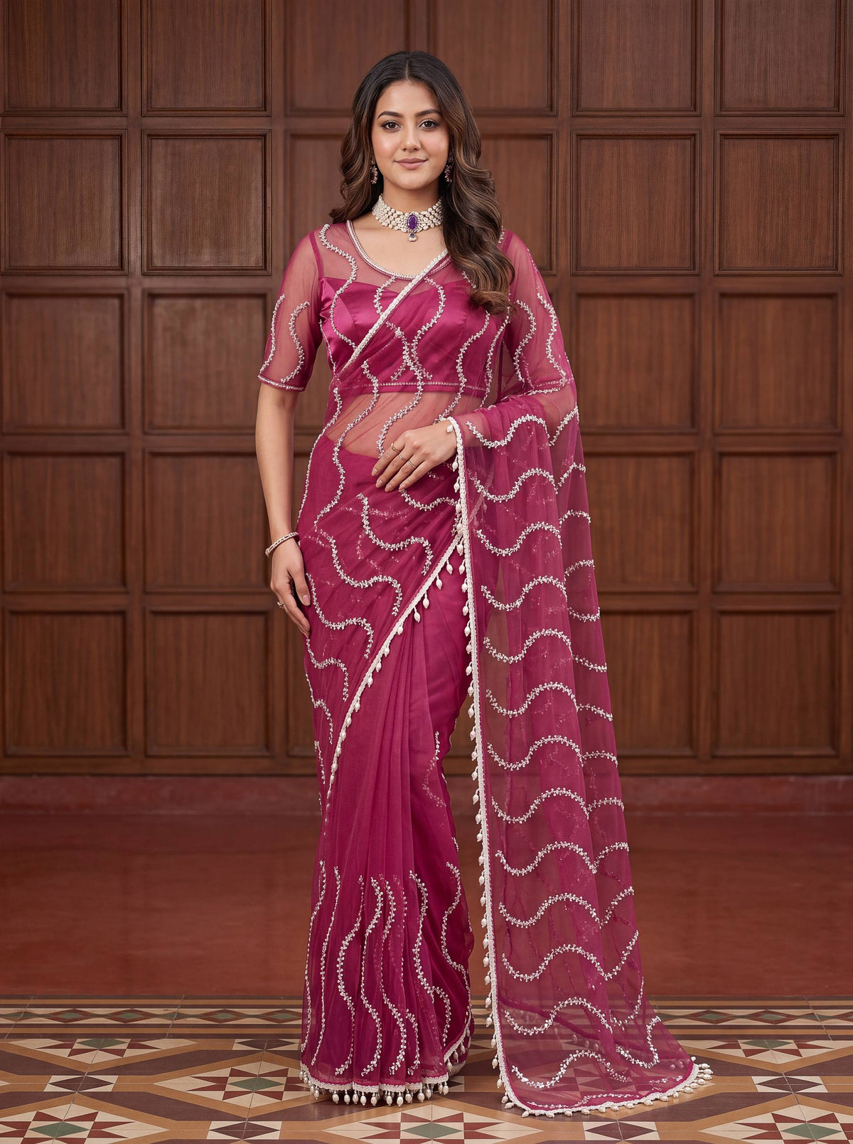 designer Net Embroidered Saree with Beads, Sequins & Pearl Work | Matching Unstitched Blouse