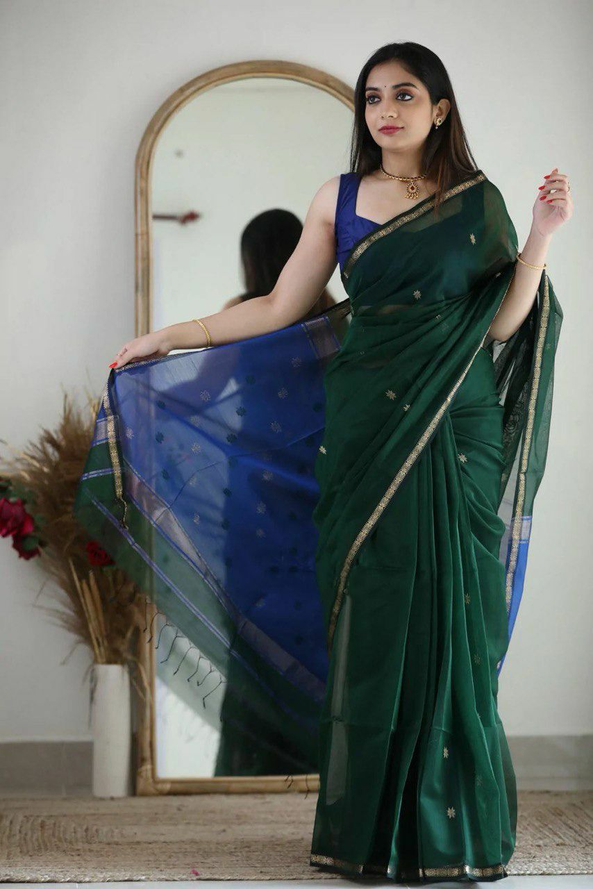 Elegant Soft Linen Slub Saree with Rich Jacquard Weave & Contrast Border Blouse