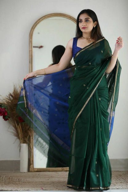 Elegant Soft Linen Slub Saree with Rich Jacquard Weave & Contrast Border Blouse