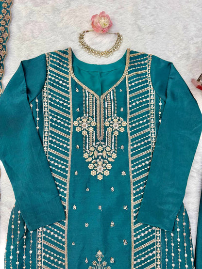 SP-107 teal Chinon silk suit kurta and plazo detail
