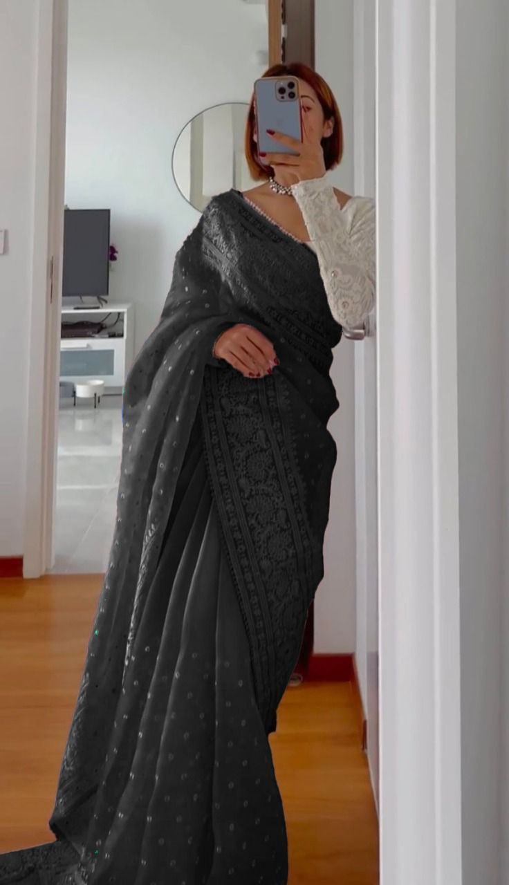 Attractive Organza Silk With Fancy Embroidery Work Saree