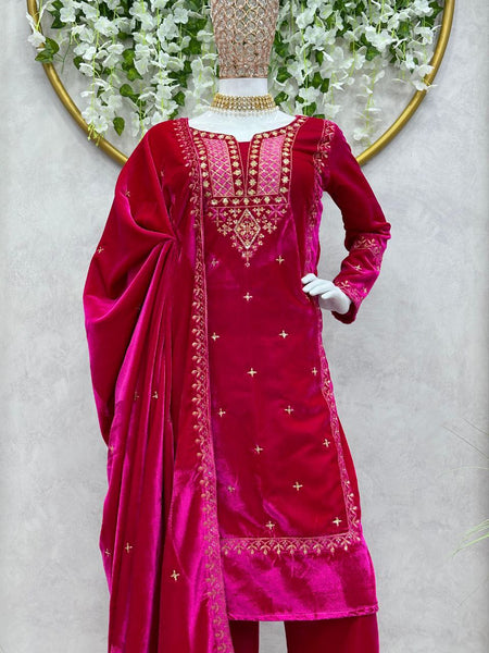 Beautiful Pink Color Heavy Velvet Thread Sequence Work Salwar Suit