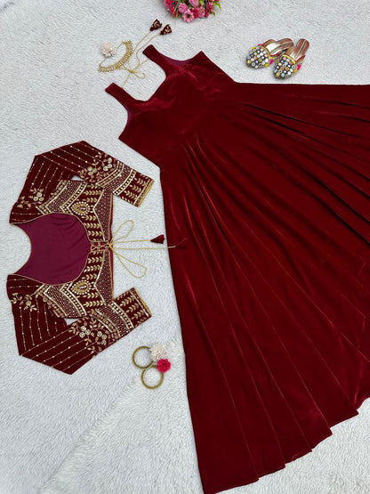Attractive Maroon Color Gown With Koti
